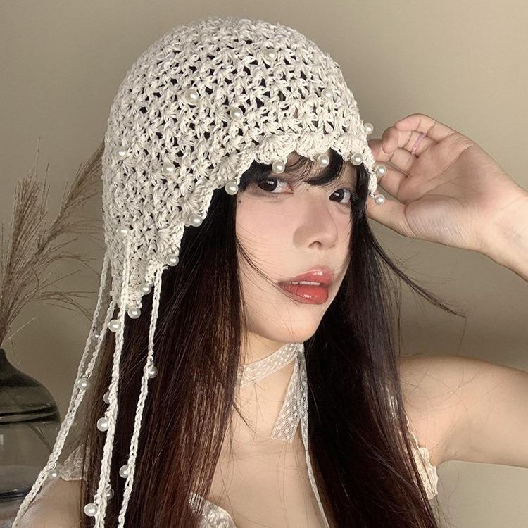 Hollow Pearl Tassel Pendant Bag Head Hat for Women Summer Celebrity Style Knitted Pullover Hat Retro Face Showing Hat