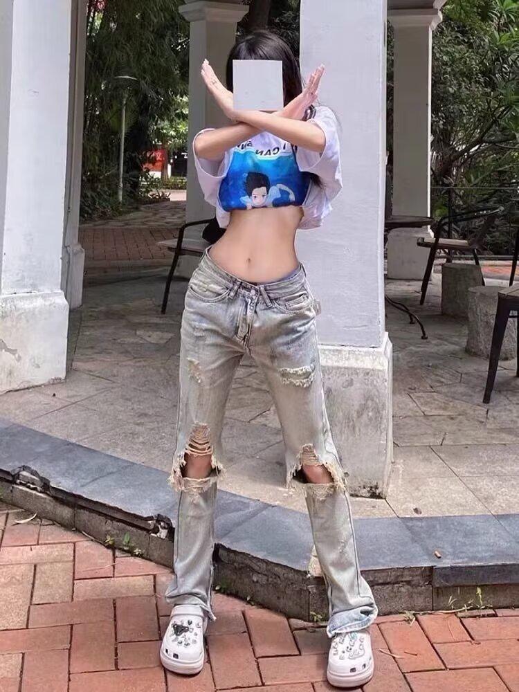 

Джинсы женские больших размеров 2024 в стиле ретро, с потертостями и рваностями, с высокой посадкой, прямого кроя, длиной в пол - европейский и американский стиль 2XL синий