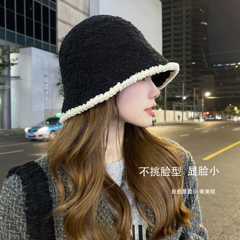Black Bucket Hat Female Ins Internet Celebrity Knitted Basin Hat Autumn and Winter Season Versatile Face Small Face Cover Fisherman Hat