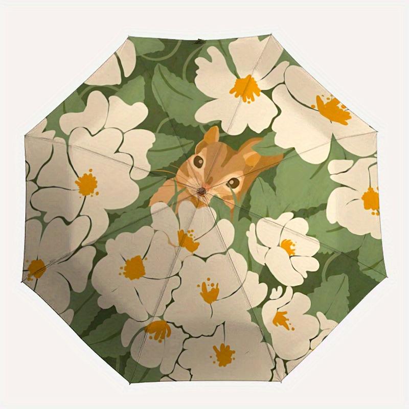 1pc Floral Chipmunk Automatic Open/Close Umbrella with Windproof, Functional Design, 8-Rib Sturdy Canopy