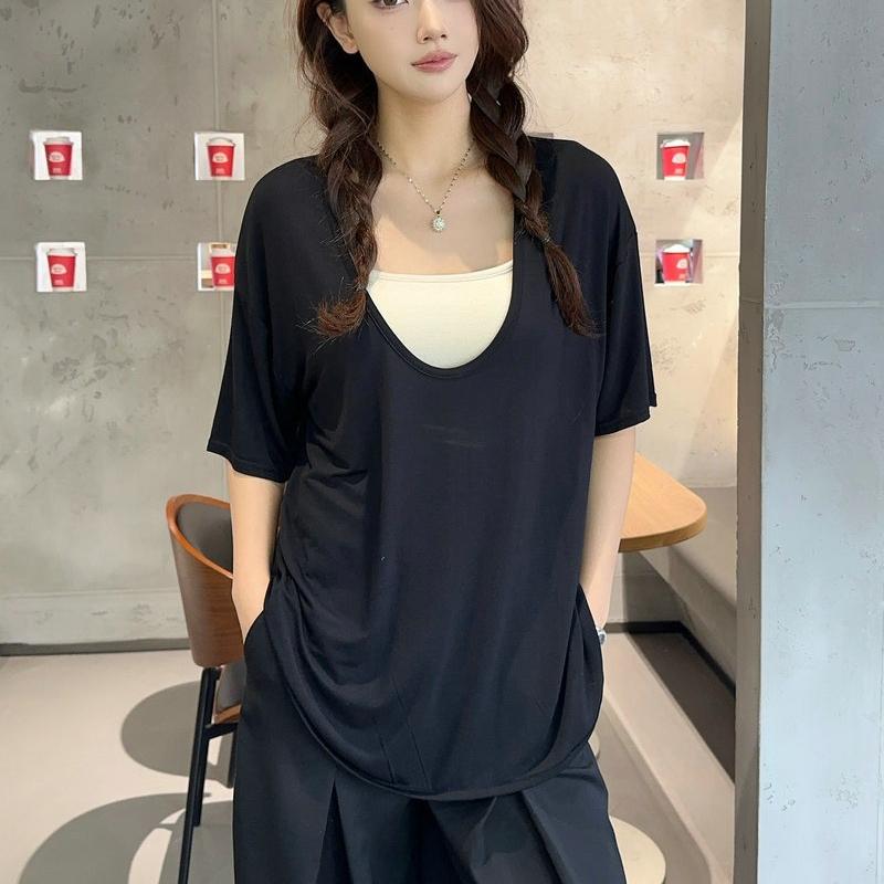 Modal Deep U-Neck Tshirt Summer Loose Short-sleeved T-shirts Simple Thin Tees Casual Tee Tops