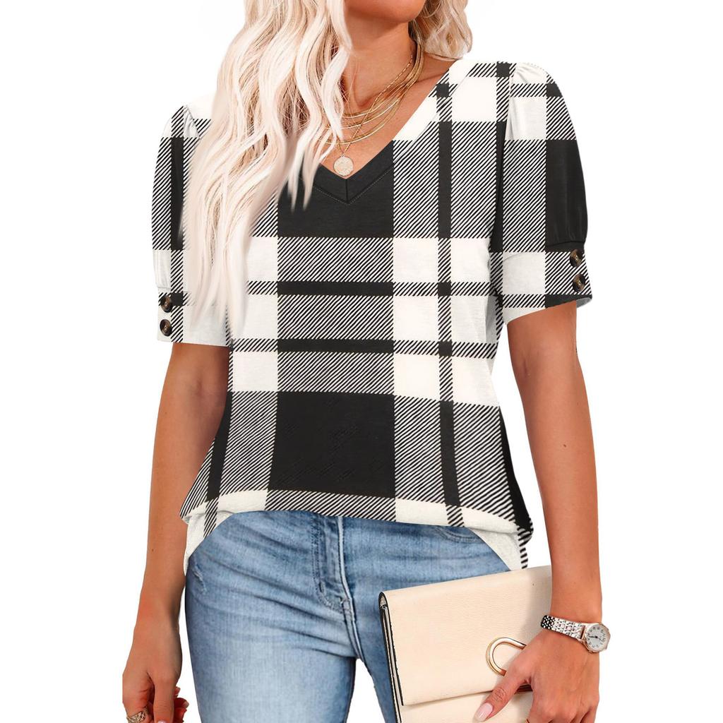 Womens Tops Short Sleeve Shirts Buttons V Neck  Fashion Outfits  Blouses  Casual