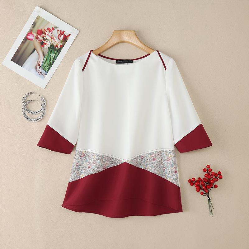 

ZANZEA Women Casual Round Neck 3/4 Sleeve Loose Splice Blouse 5XL вино красного