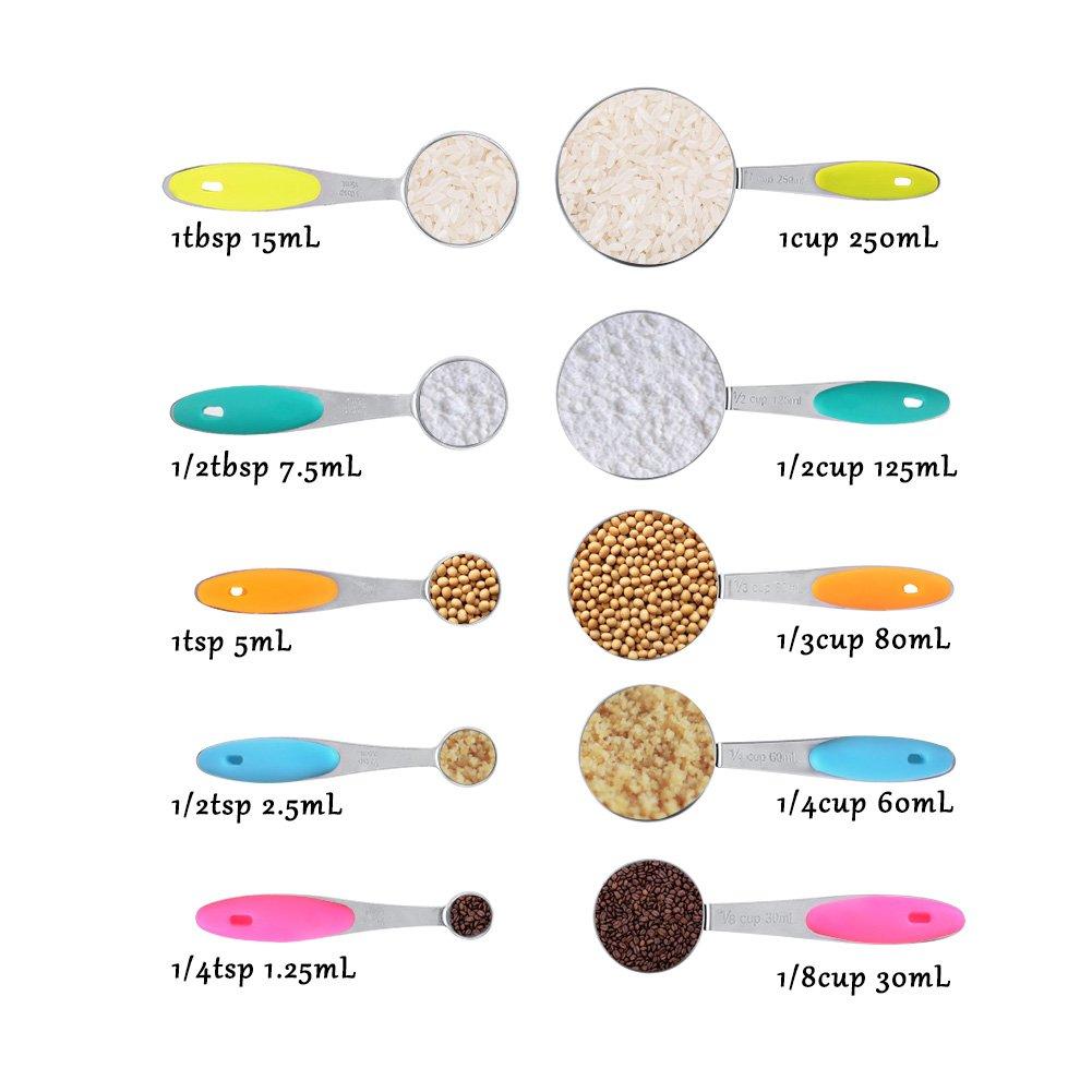 Stainless Steel Measuring Cup and Spoon with Silicone Durable 10-Piece Set, Stackable, Handles, Tablespoons, Teaspoons, Heat-Resistant, Non-Slip,