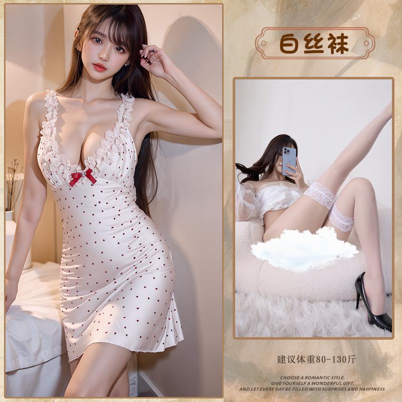 Sexy lace suspender nightdress French love polka dot bow pure lust girl sex pajamas
