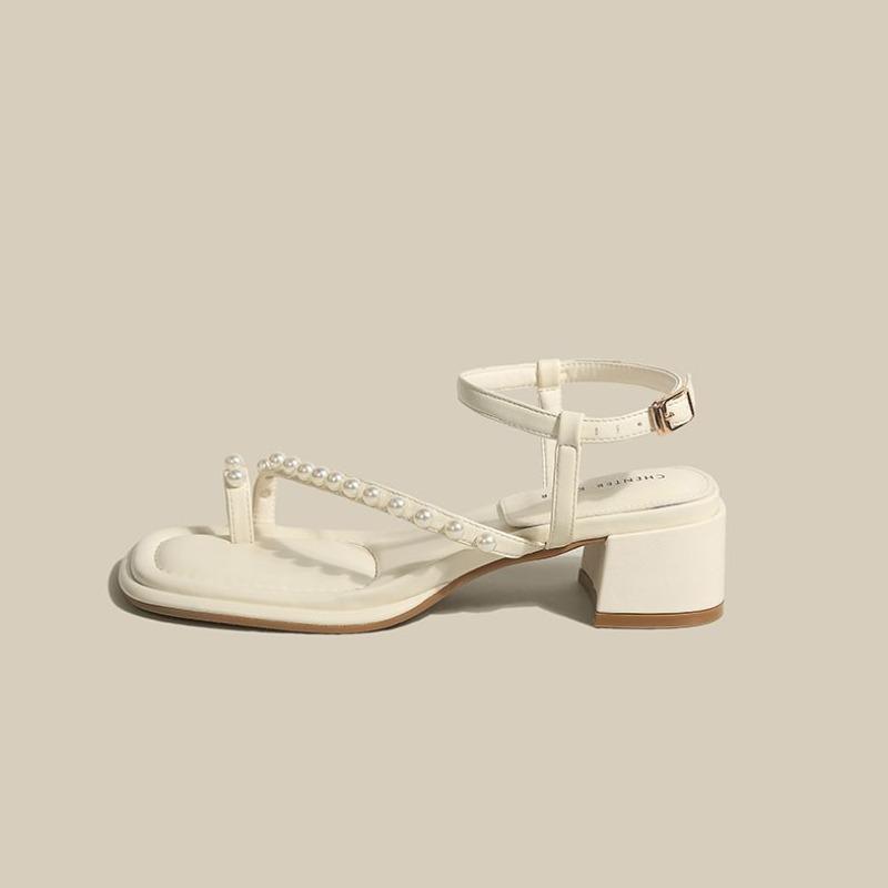 Sandals for Woman Flip-flops Women's Shoes Chunky Summer 2024 Block Heel Footwear with Medium Heels Rhinestones Thick Beige Sale