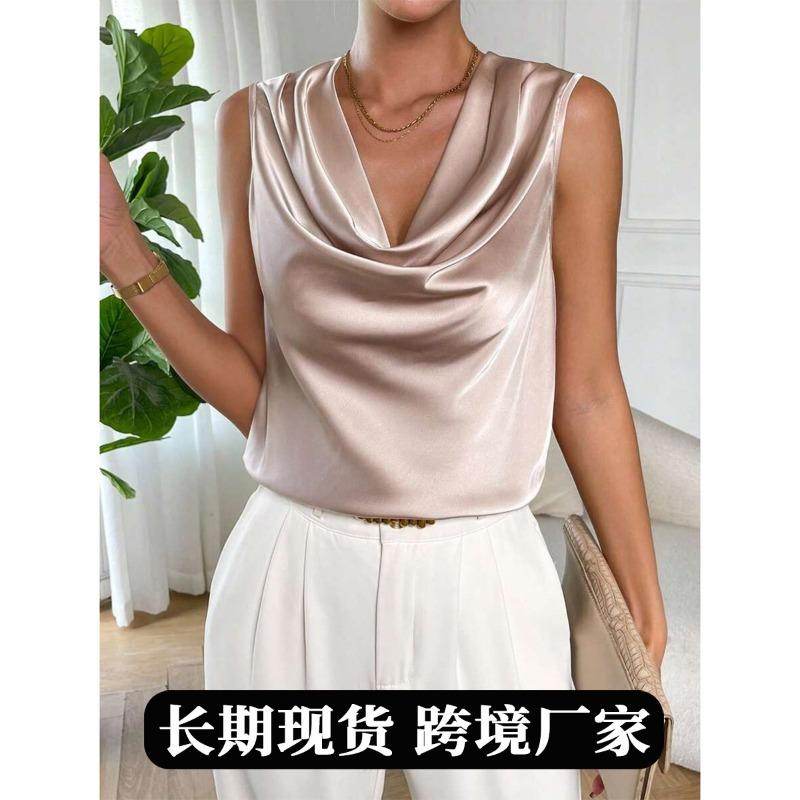 Women Sleeveless Cowl Neck Solid Satin Faux Silk Casual Work Blouse Top XS абрикосовый