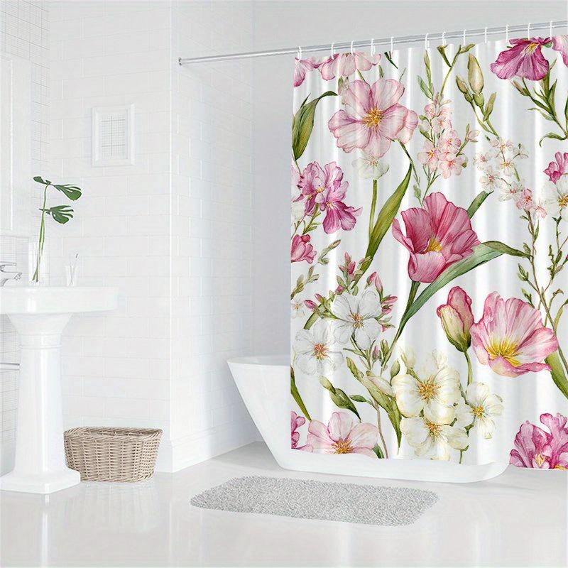 1Pc Floral Watercolor Shower Curtain, Polyester Fabric, Machine Washable, With Hooks, Suitable For Bathroom Decoration