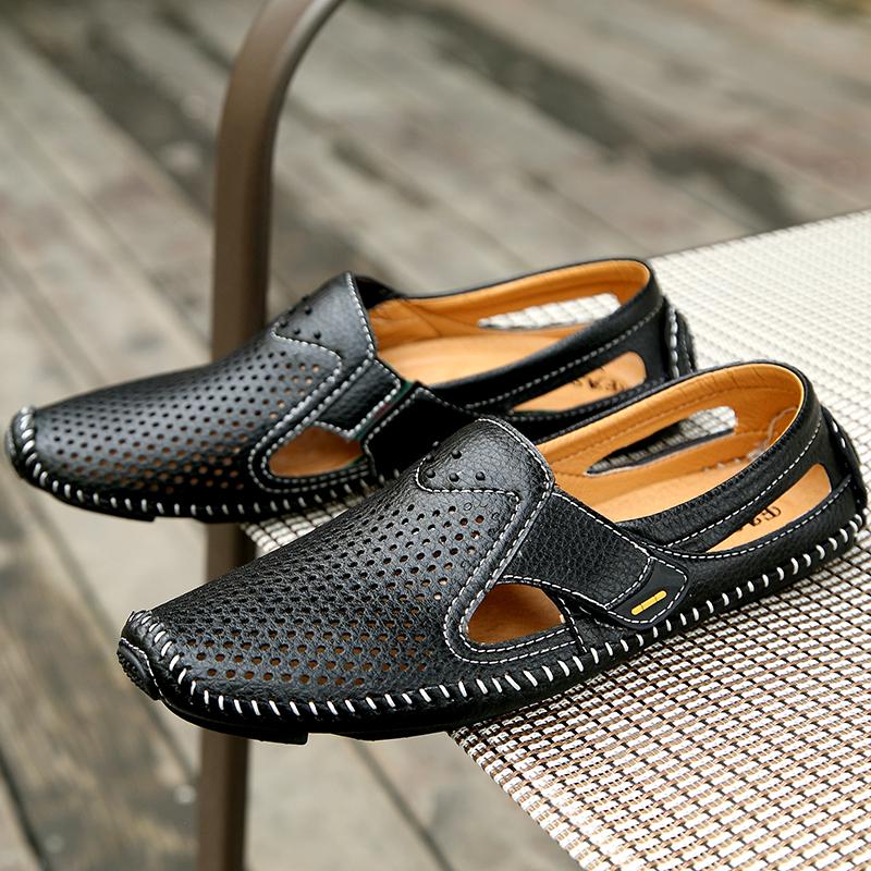 Fashion Men Sandals Men Breathable Footwear Mesh with Hole Cow Leather Shoes Male Comfortable Soft Sole Men's Casual Shoes Men Loafers