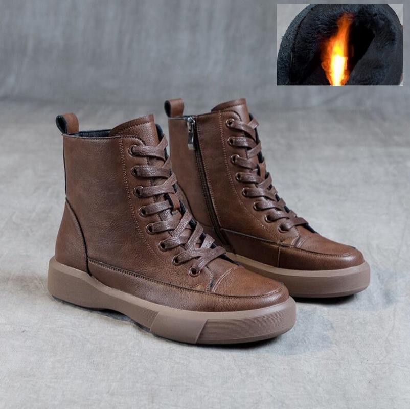 Women Genuine Leather Short Boots Round Toe Genuine Leather Handmade Retro Street Style Winter Warm Flats Ankle Boots