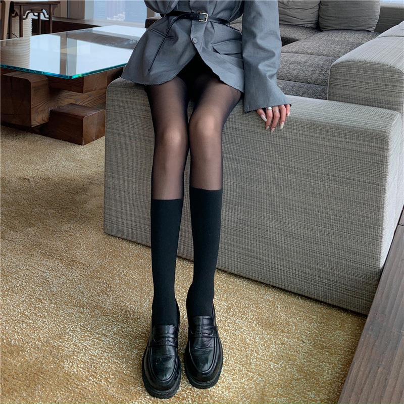 Slimming Black Spliced Faux Short Mid-calf Over-the-knee Pantyhose for Women, Thin and Trendy for Autumn and Winter