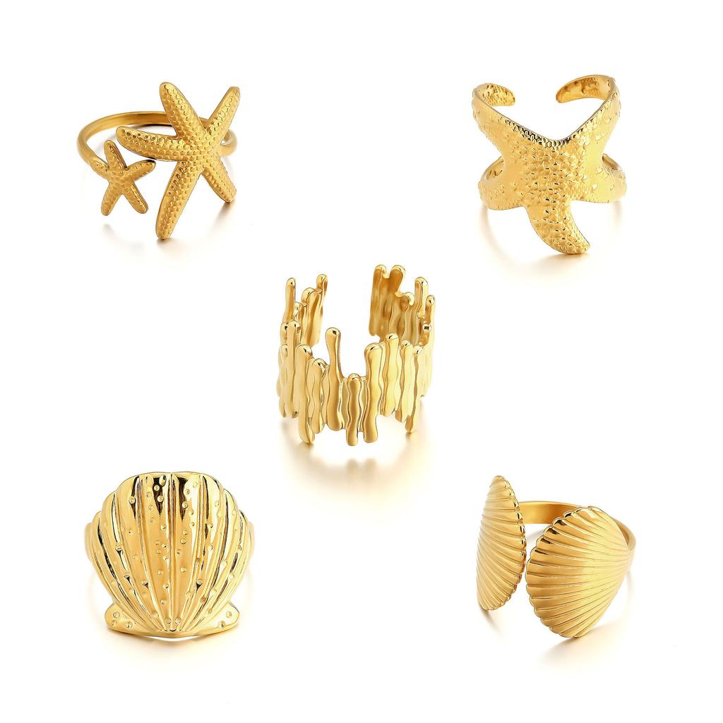Personality Ring, Stainless Steel Vacuum Plated 18K Gold Starfish Shell Open Jewelry