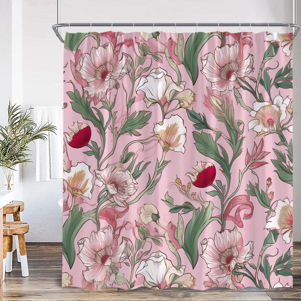 Boho Floral Shower Curtain Vinatge Colorful Flower Green Leaves Plant Spring Summer Bathroom Decor Retro Bath Curtain with Hooks