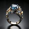 Gold Color Leaf Shaped Inlaid Blue Synthetic Zirconia Ring Suitable for Women's Banquets Engagements Jewelry Accessories Gifts