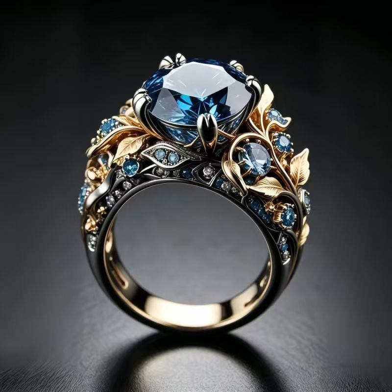 Gold Color Leaf Shaped Inlaid Blue Synthetic Zirconia Ring Suitable for Women's Banquets Engagements Jewelry Accessories Gifts