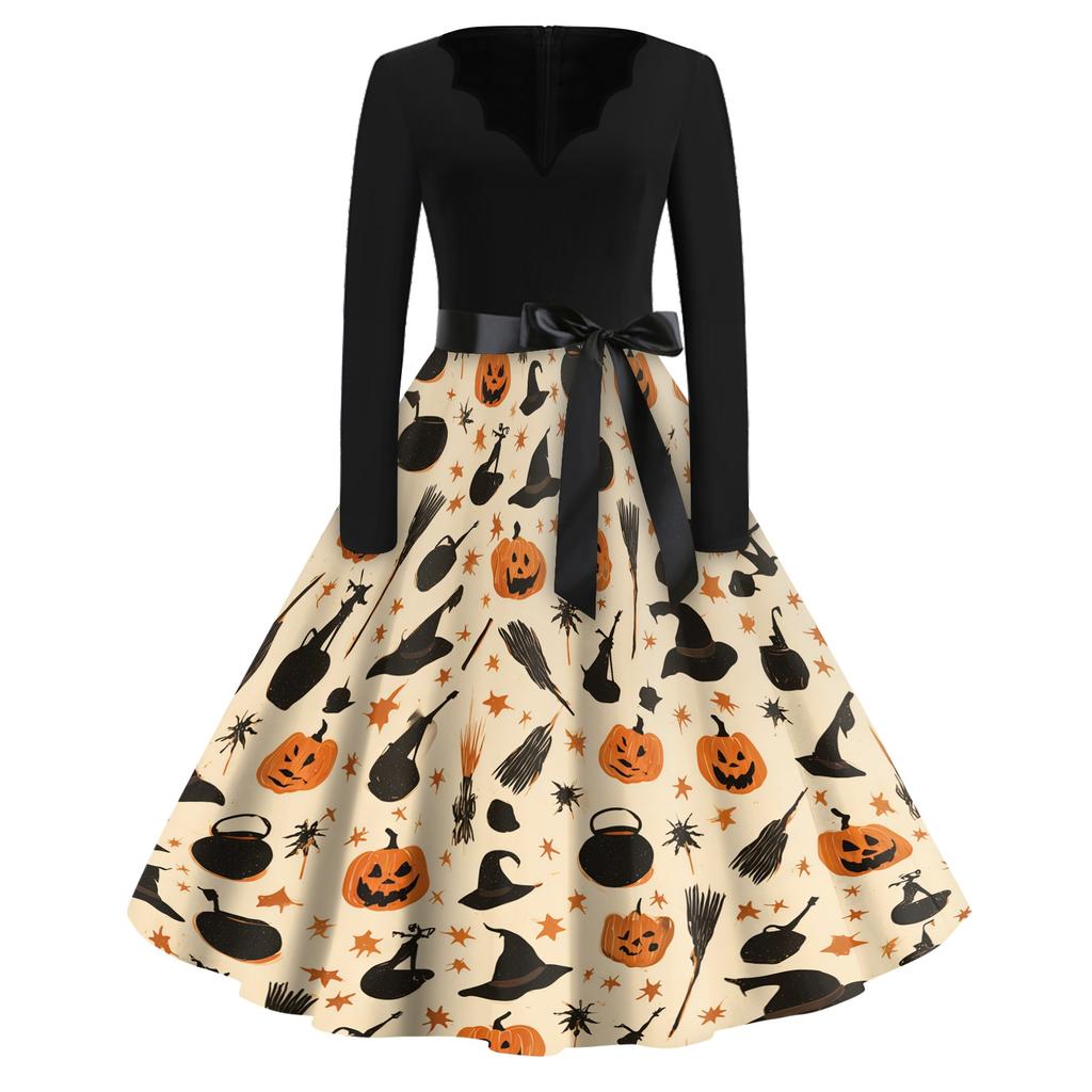Women's Casual Vintage Halloween Print V Neck Long Sleeve Dress with Waist Tie and Flared Skirt for Everyday Wear