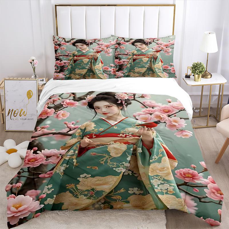 3pcs Anime Kimono Design Comforter Set with One Quilt Cover and Two Pillowcases (No Core) - Festive Gift for Bedroom Decor, Polyester Fabric, Anime Ca
