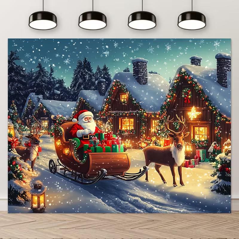 2D Frohe Weihnachten Verschneite Hütte Weihnachtsmann Schlitten Kulisse Feiertagsporträt Foto Hintergrund