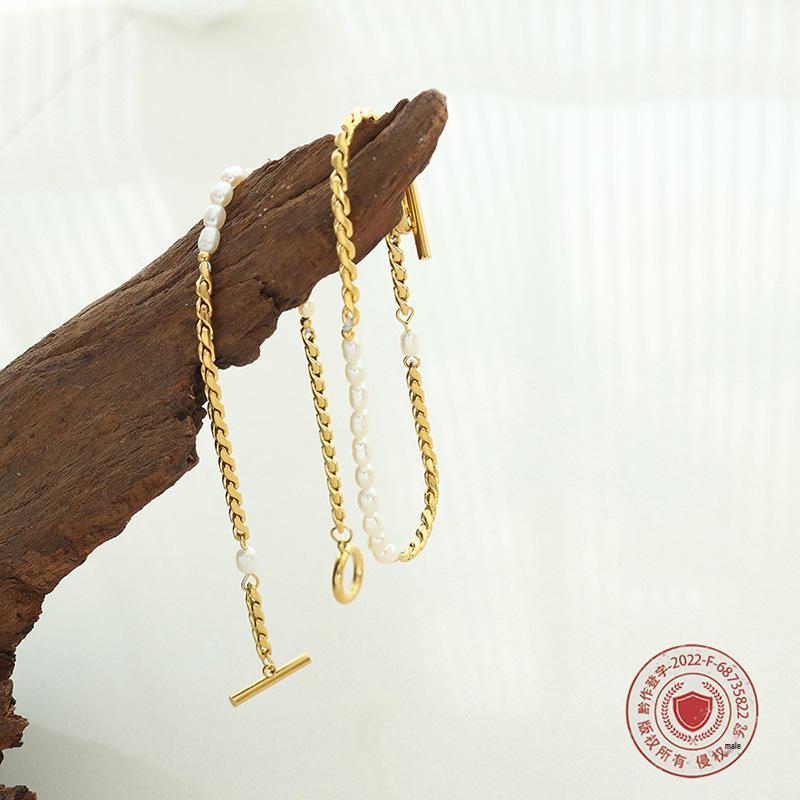 18K Gold Freshwater Pearl OT Buckle Hip Hop Bracelet