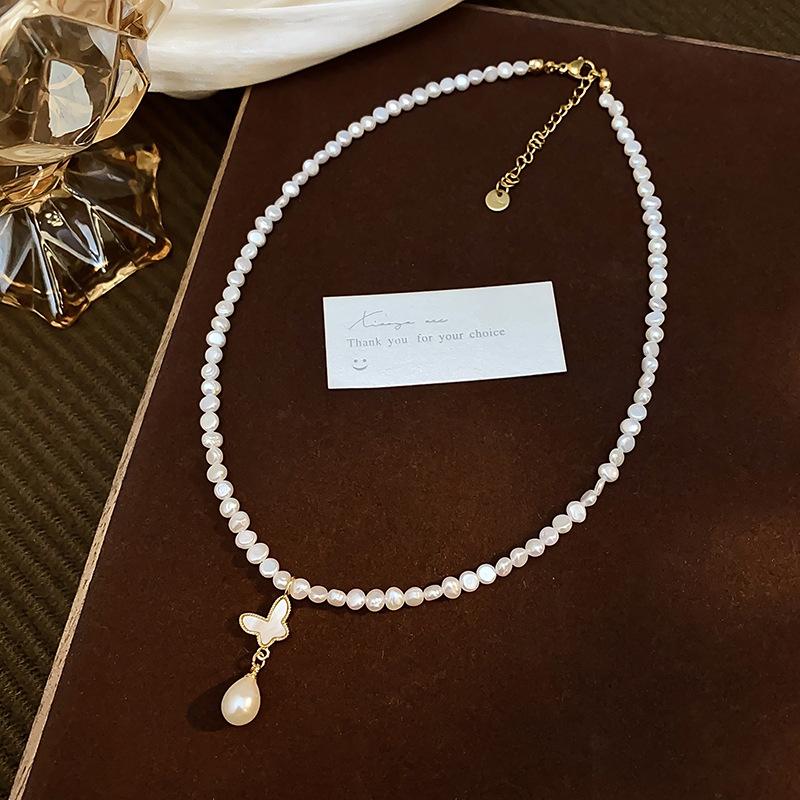 

Sweet Butterfly Pendant Natural Freshwater Pearl 14K Gold Filled Lady Necklace Birthday Gifts Short Chain No Fade 45cm