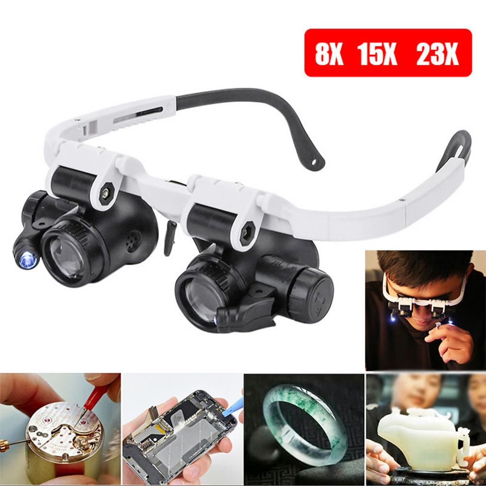 Kopfmontiertes Beleuchtungsmikroskop, Stirnbandreparatur, LED-Lampe, Lichtlupe mit 8-facher, 15-facher und 23-facher Lupenbrille