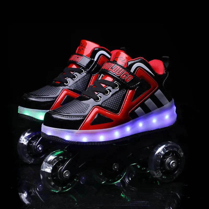 Neue Rollschuhe LED LadeSchalter Einzel- und Doppelreihe Laufrolle Verformungsschuhe für Kinder