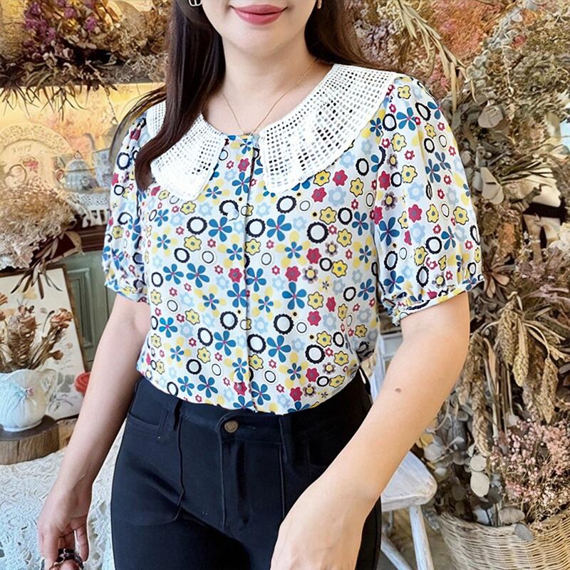 

ZANZEA Womens Casual Splice Round Neck Summer Short Sleeve Print Blouse 5XL синий