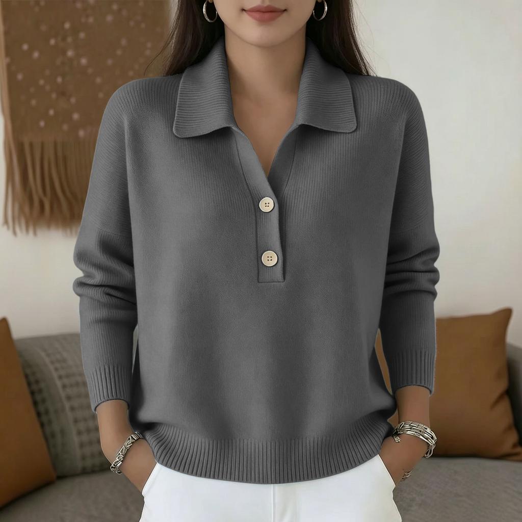 Women's Long Sleeve Knit Sweater Loose Fit Button Front Polo Collar Casual Pullover Top Lightweight Soft Fabric Comfortable Wear