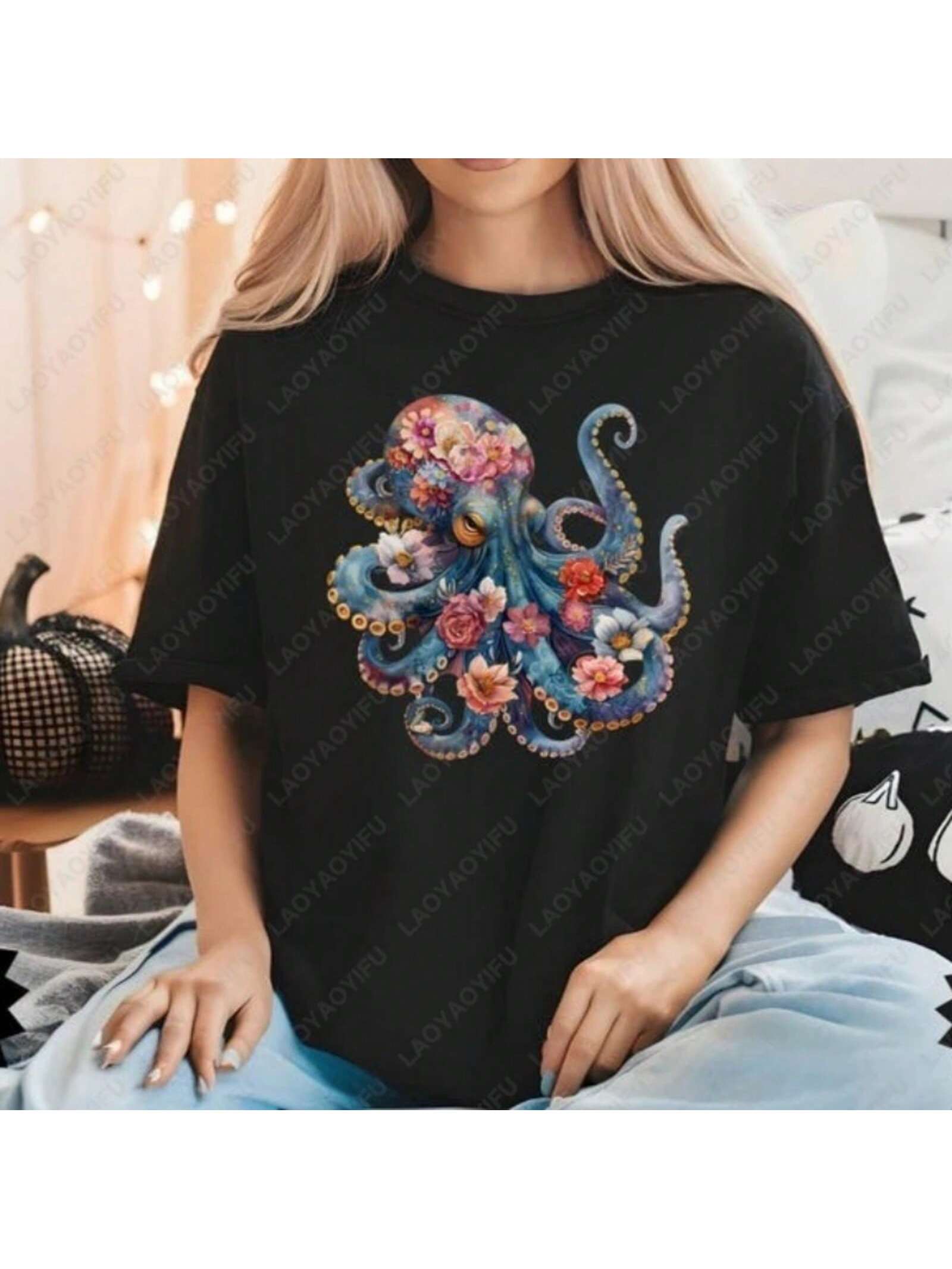 Octopus Vibrant Colorful Graphic T-Shirts Flowers Octopus Tee Funny Scuba Diving Shirt Marine Biologist Nature Tops Wounisex Tshirt S разноцветный