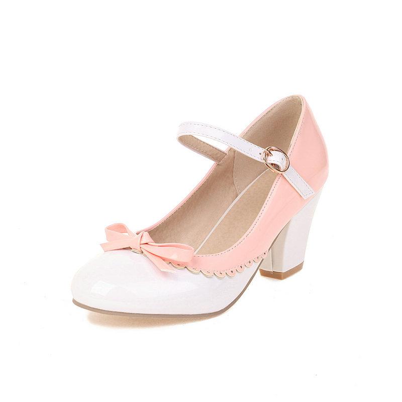 Size 32-48 Girls High Heel Lolita Shoes Woman Patent Leather Cute Bow Mary Jane Pumps Bride Wedding Party Shoes Red Pink Black