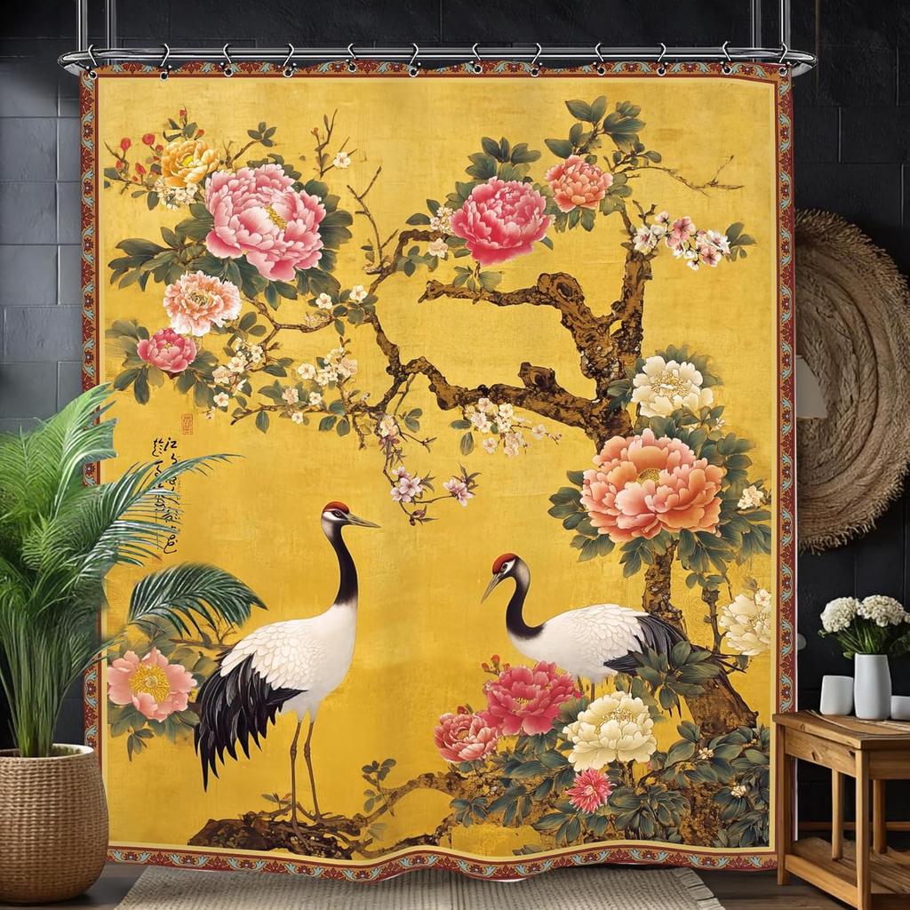 Vintage Flower Floral Bathroom Shower Curtain Retro Crane Chinese Botanical Art Polyester Fabric 12 Plastic Hooks Waterproof