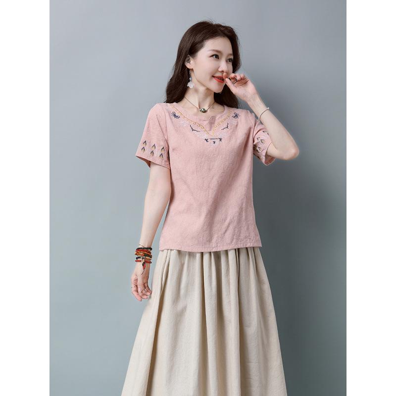 2026 Summer Ethnic Style Women's Embroidered Cotton-Linen V-Neck Short Sleeve Loose Plus Size Top