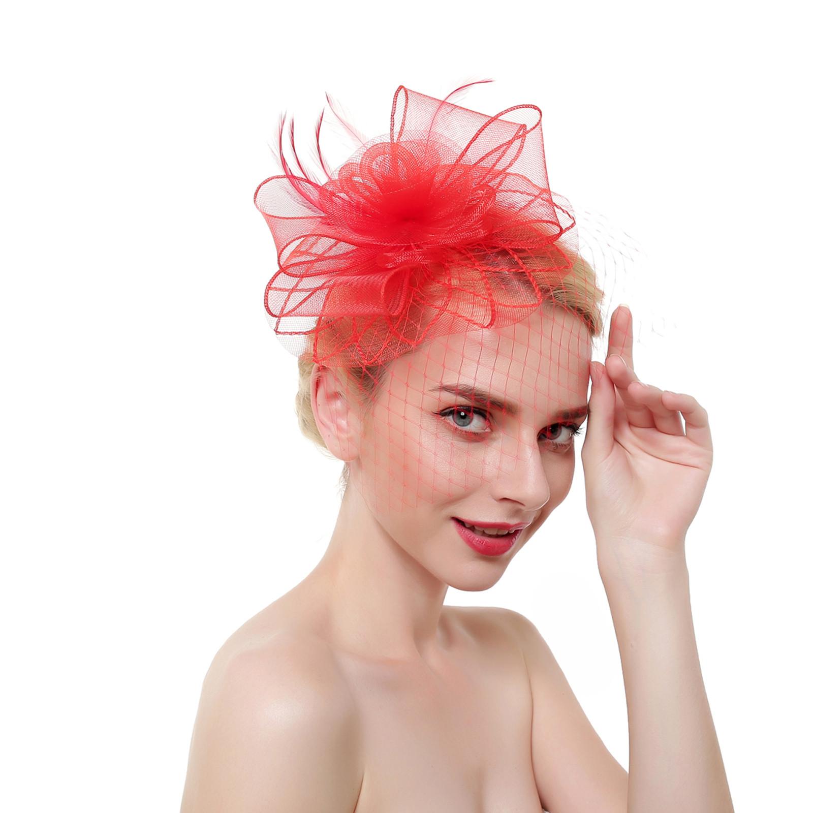 

Женщины цветок сетки ленты перья повязка на голову коктейль чаепитие шляпа головные уборы One Size красный
