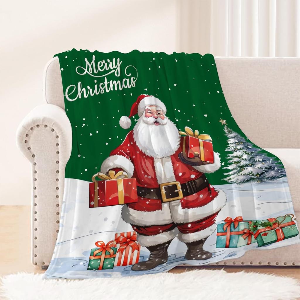 Decorative Large Throw Blanket Green Santa Claus Blanket Xmas Holiday Blanket for Couch Sofa Bed Soft Cozy Lightweight Fuzzy