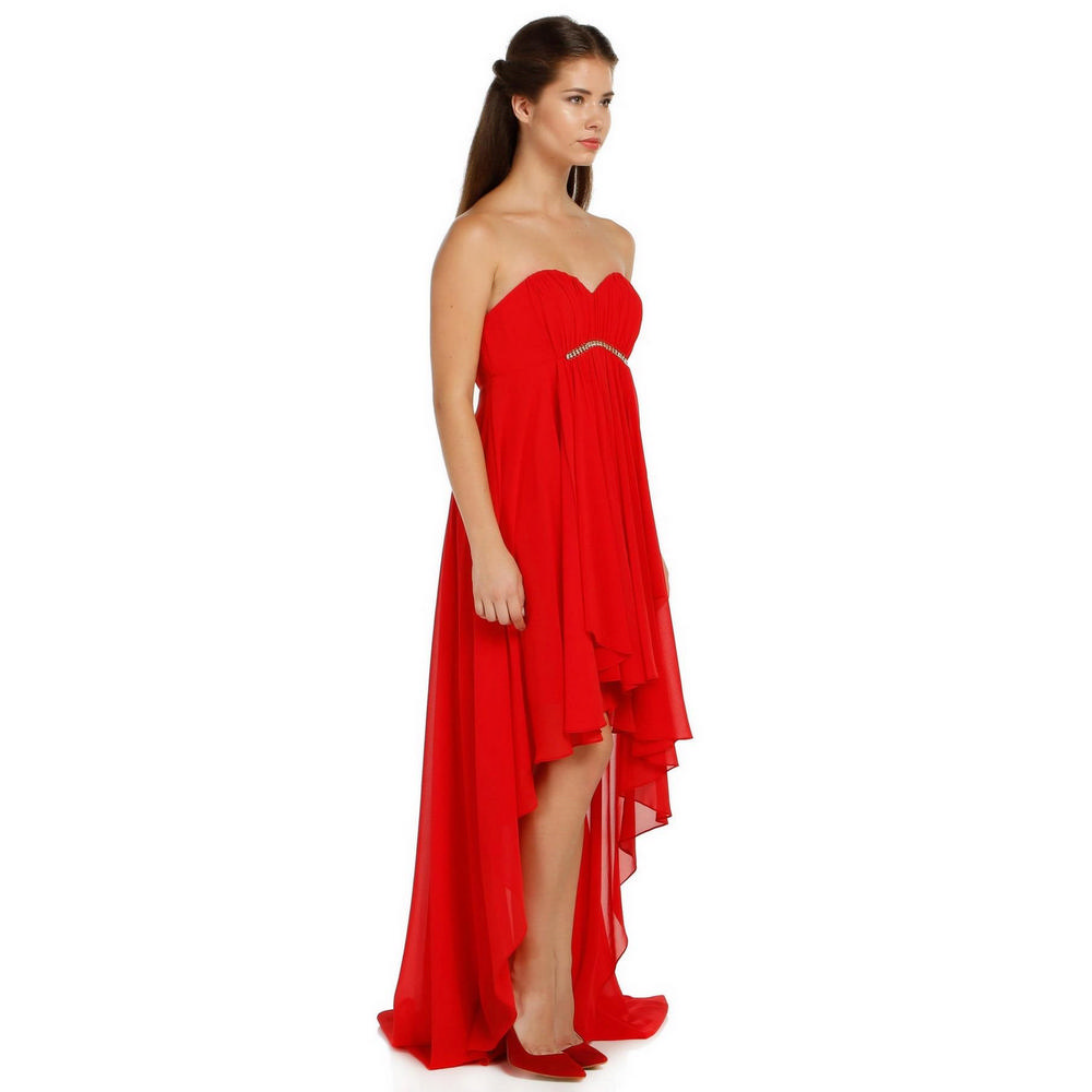 Fierte Women's Evening Dress Azr4489 Strapless Stone Detail Chiffon Skirt Salmon Yellow Green Blue Red