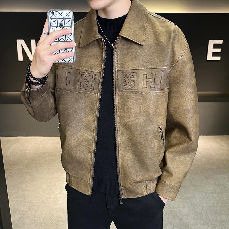 New simple men's leather jacket American retro pu tooling locomotive old money wind tough loose trendy leather jacket