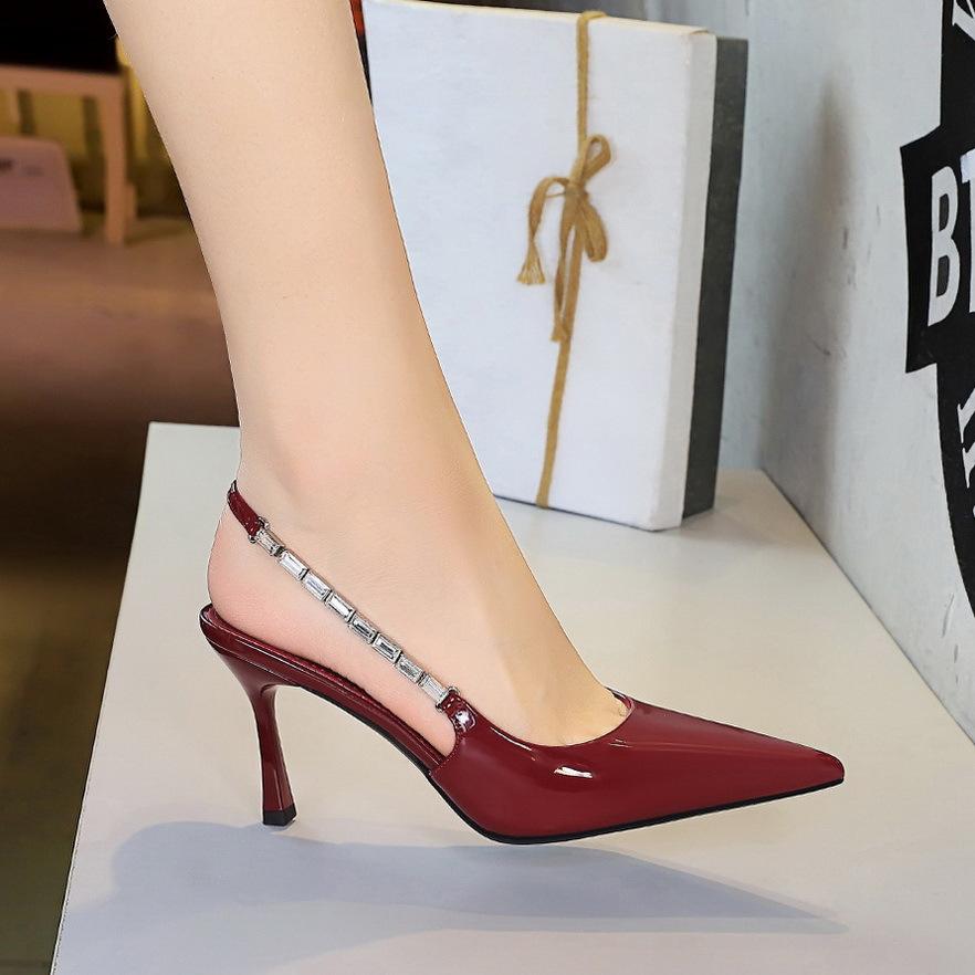 Fashion Banquet Rhinestone Pointed Head Shallow Mouth Single Shoes Femininity Hollow Back Strap Stiletto Women's Shoes