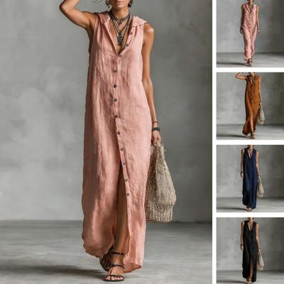 Kapuzen Ärmelloses Maxikleid für Damen Knopfleiste Lässiges Hemdkleid mit Taschen Sommer Strand Sweatshirt Langes Kleid