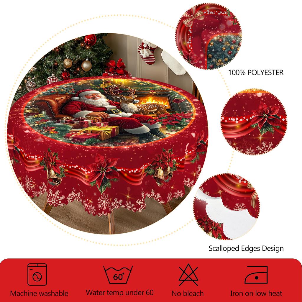 Christmas Vintage Farmhouse Tablecloth with Santa, Reindeer & Xmas Tree Prints. Rectangular & Round Sizes for Xmas/New Year Parties, Kitchen, Indoor &