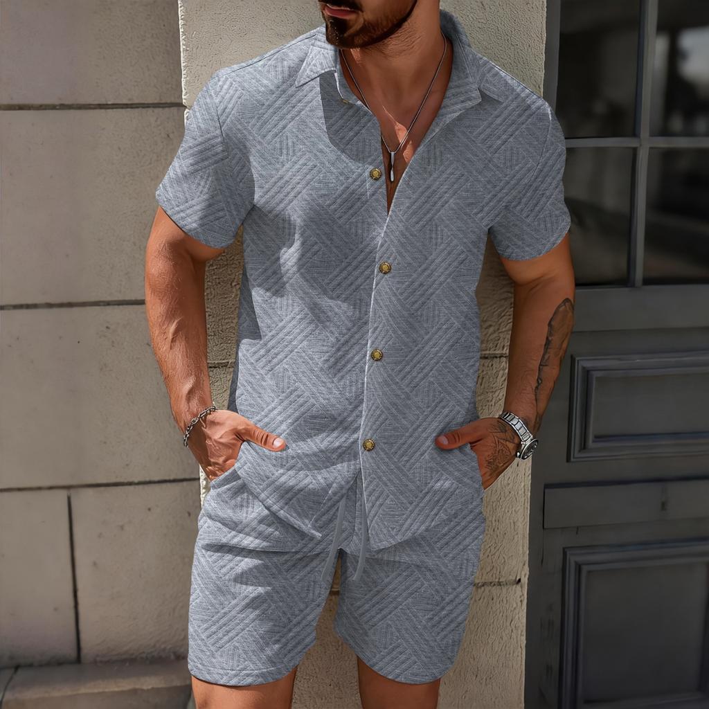 Men's Color Collared Cardigan Short-sleeve Shirt And Shorts Casual Set