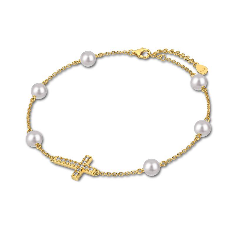 

Elegant S925 Silver Bracelet with White Pearl & Zircon Cross 925 Silver білий