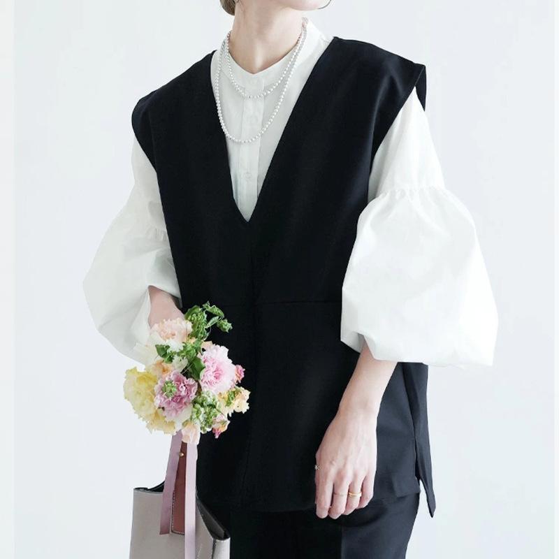 Japanese ins Women's Shirt Bubble Sleeve Small Design Loose Solid Color Versatile Top Shirt