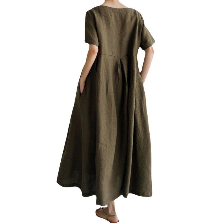 2024 Plus Size Cotton Linen Pullover Dress: Round Neck, Over-the-Knee, Preppy Mori Girl Style