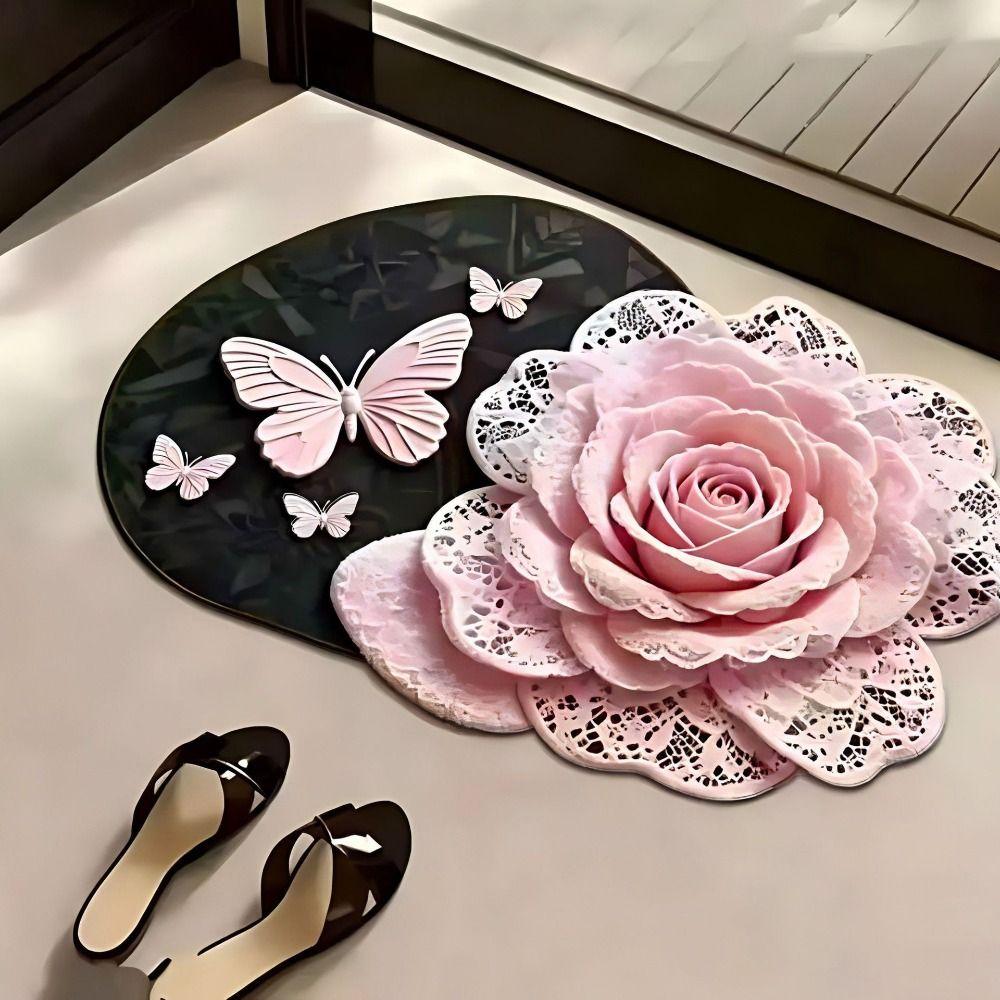 Tappeto a Forma Speciale Floreale 3D con Farfalle, Morbido Tappetino per Pavimento del Bagno, Tappetino per Doccia, Decorazione per la Casa