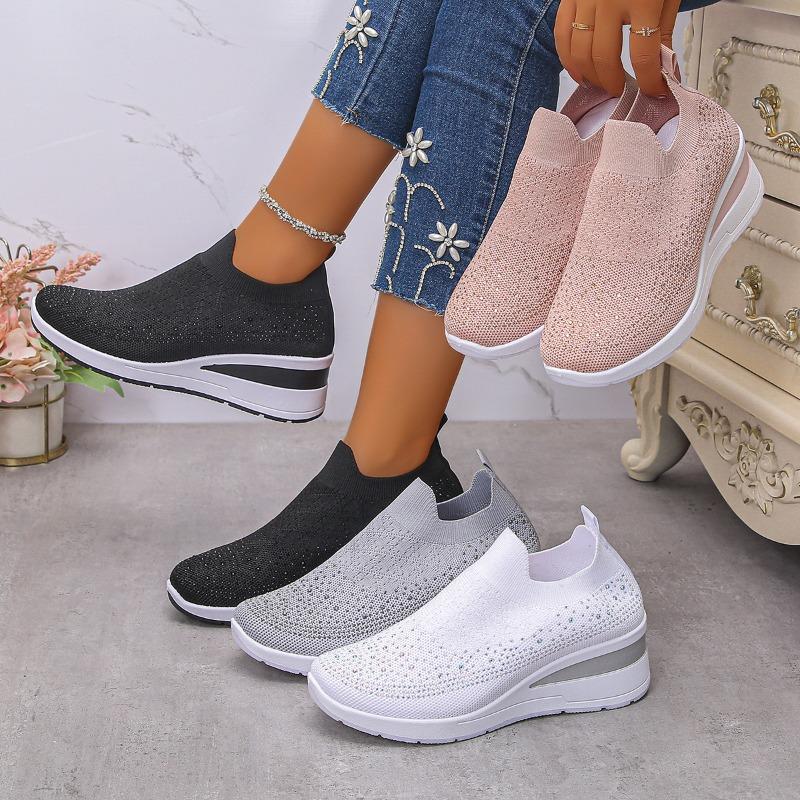 Rhineste Decor Wedge Sneakers for Women Breathable Knitted N Slip Running Shoes Woman Comfortable Slip White Sports Shoes
