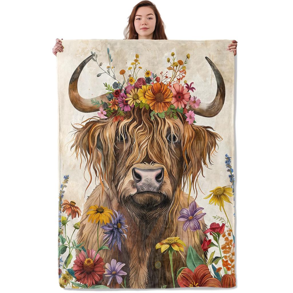 Cute Highland Cow Fleece Blanket Soft Cozy Farm Animal Flannel Throw Blanket for Farmhouse Bedroom Sofa Couch Outdoor Travel