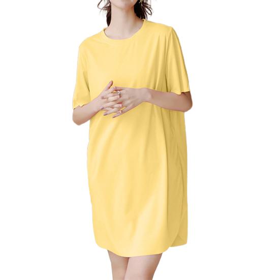 Lady Summer Dress Round Neck Loose Solid Color Short Sleeves Ice Silk Casual Clothes Homewear Pajamas Knee Length Nightdress