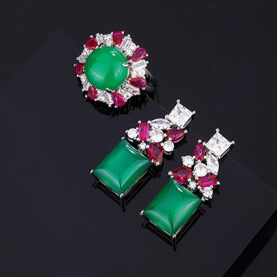Huayei Jewelry Pure Silver Needle Earrings Simulation Red Corundum Imitation Chalcedony Two-Piece Set Ring Earrings Women