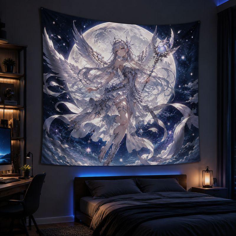 Moon Angel Anime Tapestry Blue Star Wall Hanging, Cool Fantasy Blanket for Gaming Room Decor, Aesthetic Wall Art