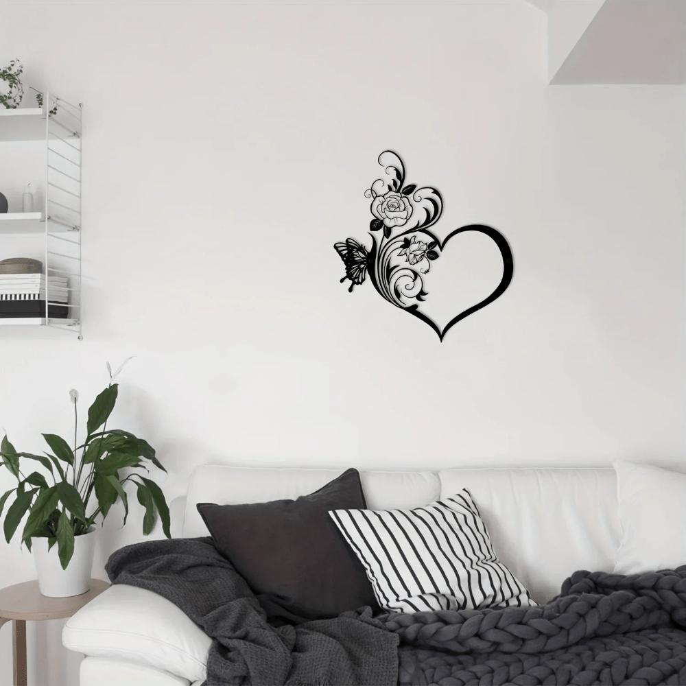 1pc Metal Rose Butterfly Love Wall Art Black Heart Shape Home Decor Sign